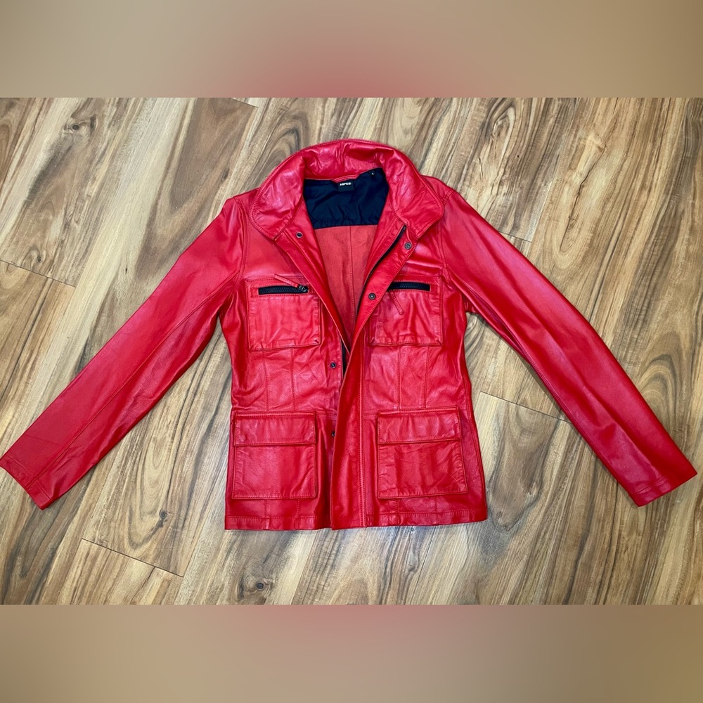 Aspesi Italian Soft Red Leather Moto Jacket Womens L Utility Coat